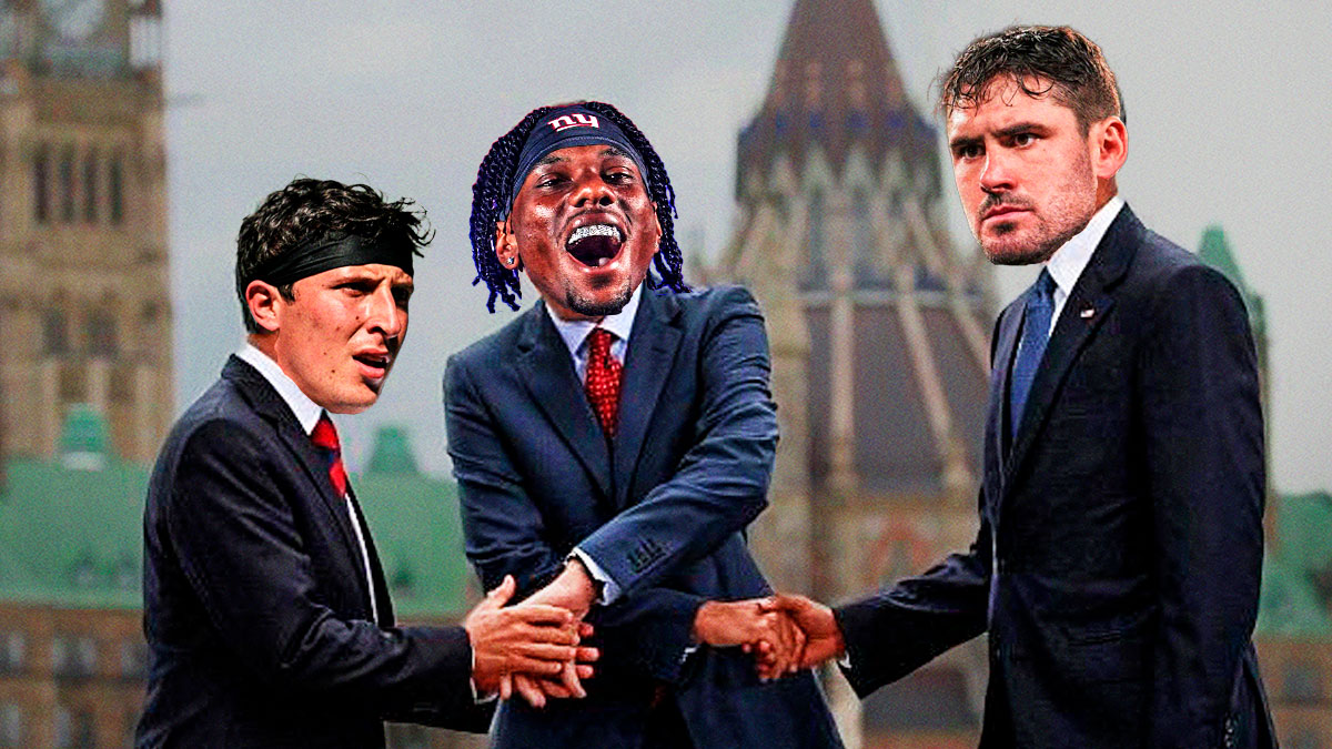 New York Giants QB Tommy DeVito shaking the hand of both WR Malik Nabers and benched QB Daniel Jones.