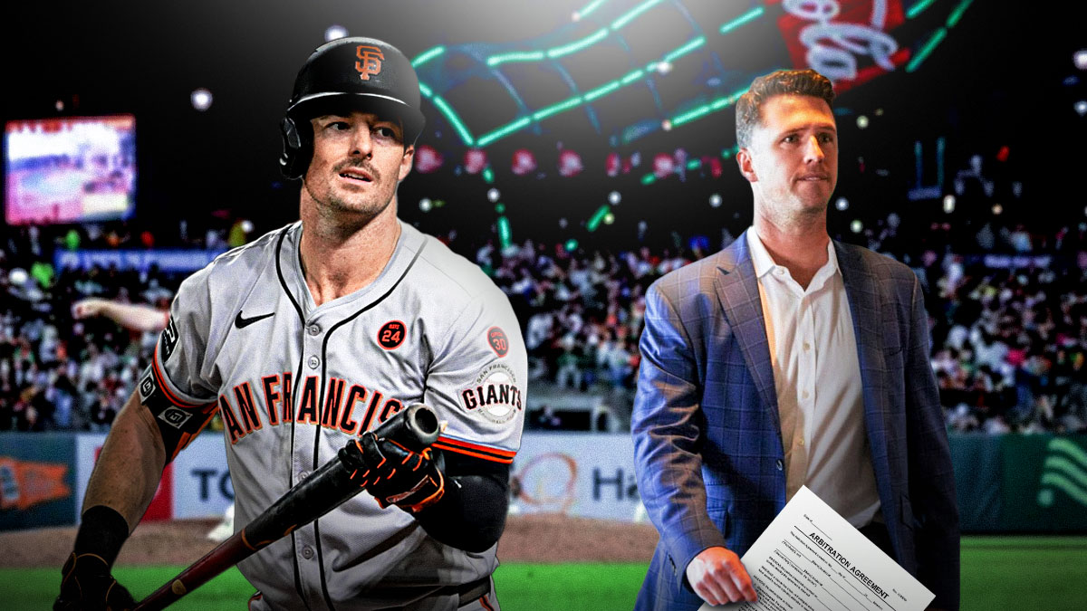 Giants' Mike Yastrzemski next to Buster Posey with an arbitration contact.