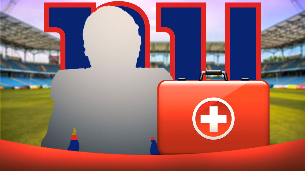 silhouette of Giants cornerback Deonte Banks with medical cross emoji next to him. Giants logo in background