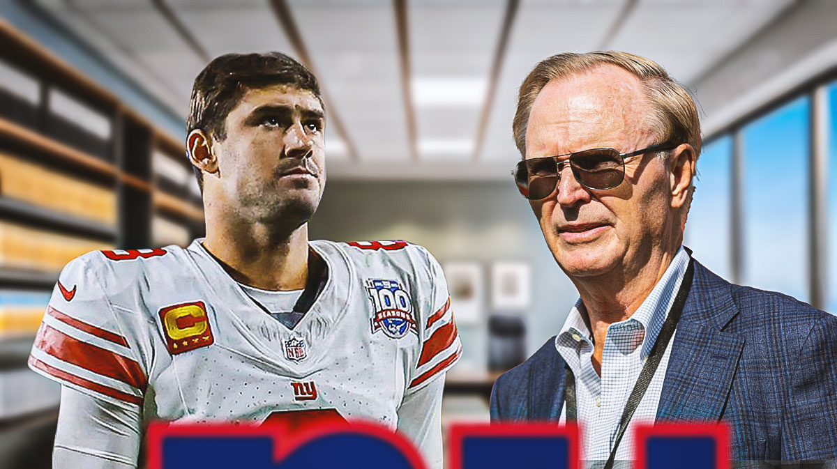 New York Giants quarterback Daniel Jones in an office with Giants owner John Mara next to him