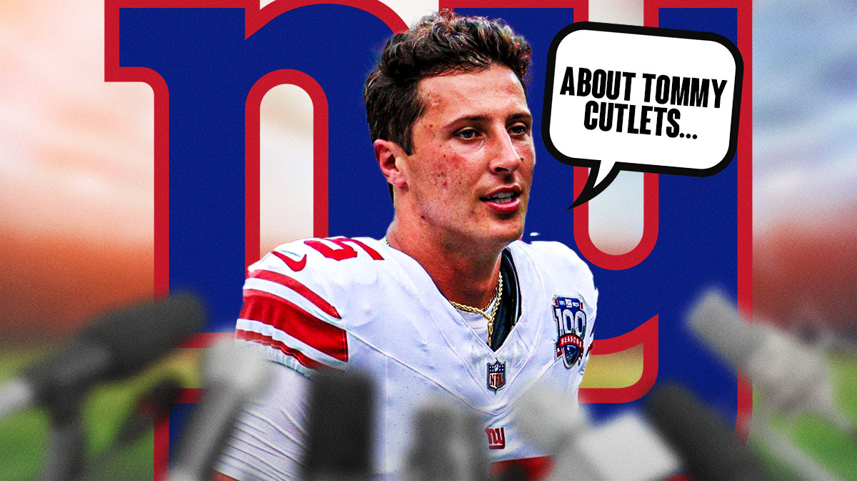 New York Giants QB Tommy DeVito with a speech bubble that says "About Tommy Cutlets..." There is also a logo for the New York Giants.