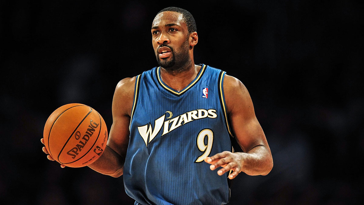 Washington Wizards point guard Gilbert Arenas (9) moves the ball down court against the Los Angeles Lakers during the first half at the Staples Center.