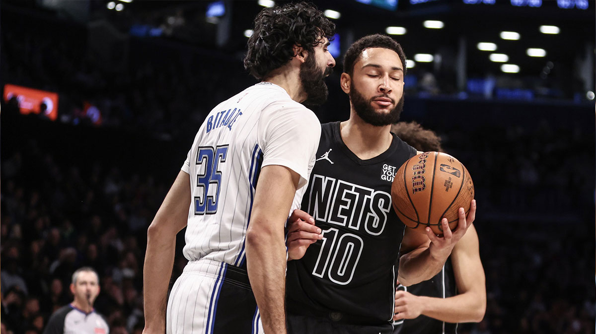 Orlando Magic center Goga Bitadze (35) reacts in front of Brooklyn Nets guard Ben Simmons (10) after scoring in the third quarter at Barclays Center.