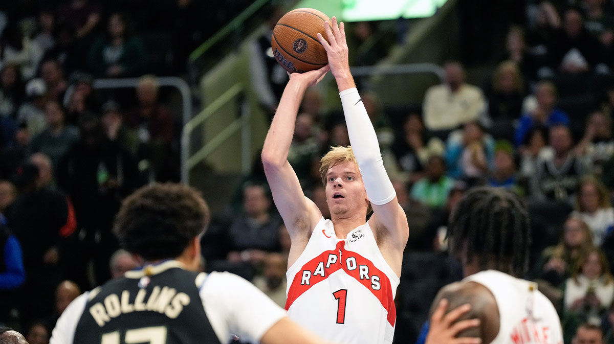 Toronto Raptors guard Gradey Dick (1) shoots during the first quarter against the Milwaukee Bucks at Fiserv Forum