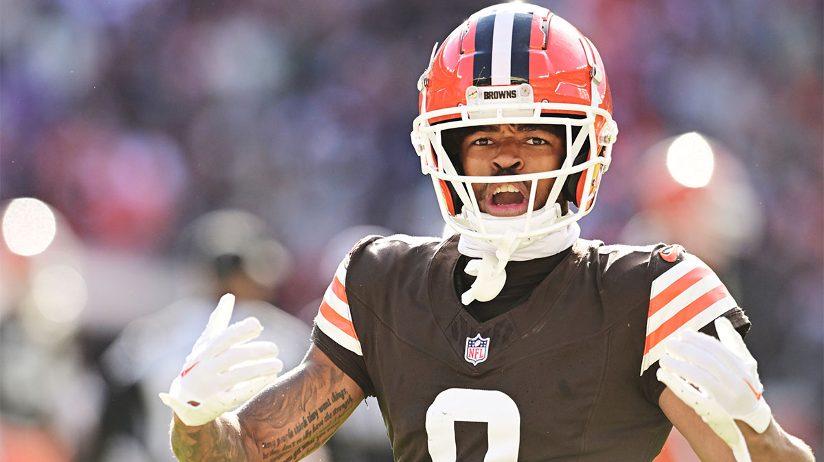Cleveland Browns cornerback Greg Newsome II (0) celebrates during the second half against the Baltimore Ravens at Huntington Bank Field.