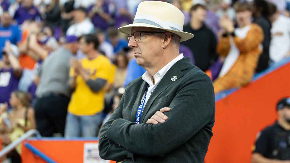 SEC commissioner Greg Sankey looks on during the game between the Florida Gators and LSU Tigers during the first half at Ben Hill Griffin Stadium.