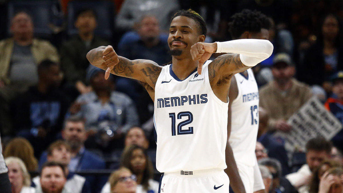 Memphis Grizzlies guard Ja Morant (12) reacts during the second half against the Portland Trail Blazers at FedExForum