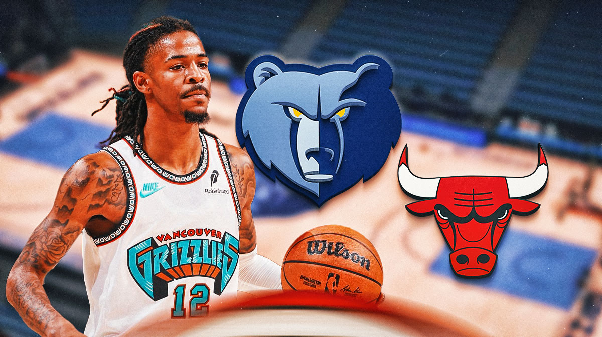Grizzlies Ja Morant dribbling a basketball in front. Memphis Grizzlies and Chicago Bulls 2024 logos in background.