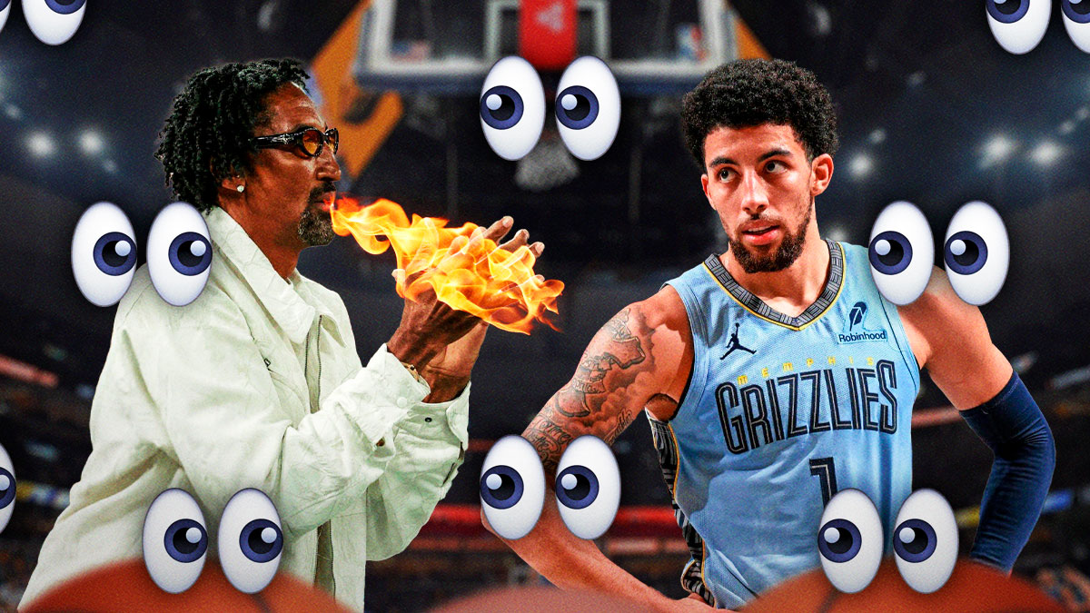 Scotty Pippen Jr. on one side, Scottie Pippen on the other side breathing fire, a bunch of the big eyes emojis in the background