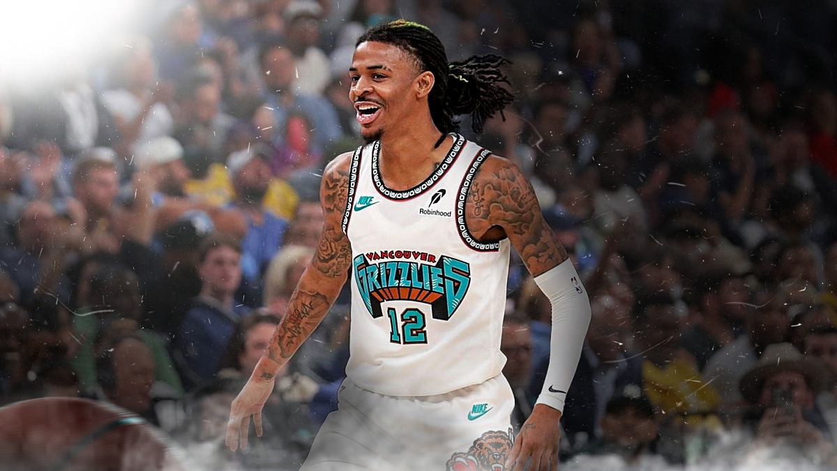 Grizzlies' Ja Morant celebrating or yelling next to a Grizzlies logo