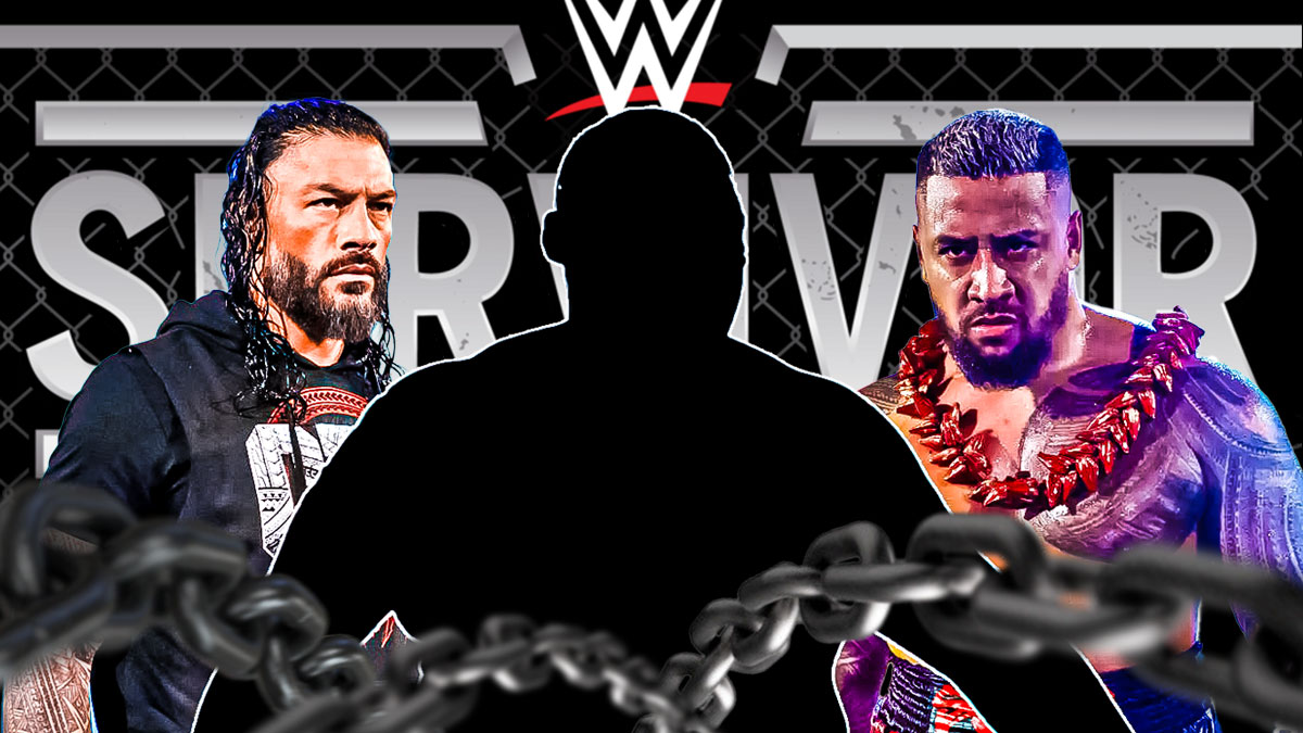 Roman Reigns on the left, Solo Sikoa on the right, and the blacked-out silhouette of Rikishi in the middle with the Survivor Series WarGames logo as the background.