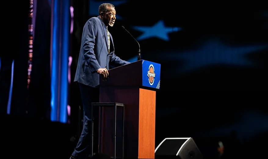 Harvey Catchings speaks about his daughter, basketball Hall of Famer Tamika Catchings, at the 2024 NBA All-Star Legends Brunch where she was honored.