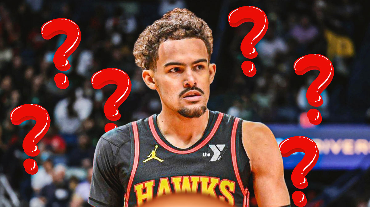 Trae Young with question marks surrounding him.