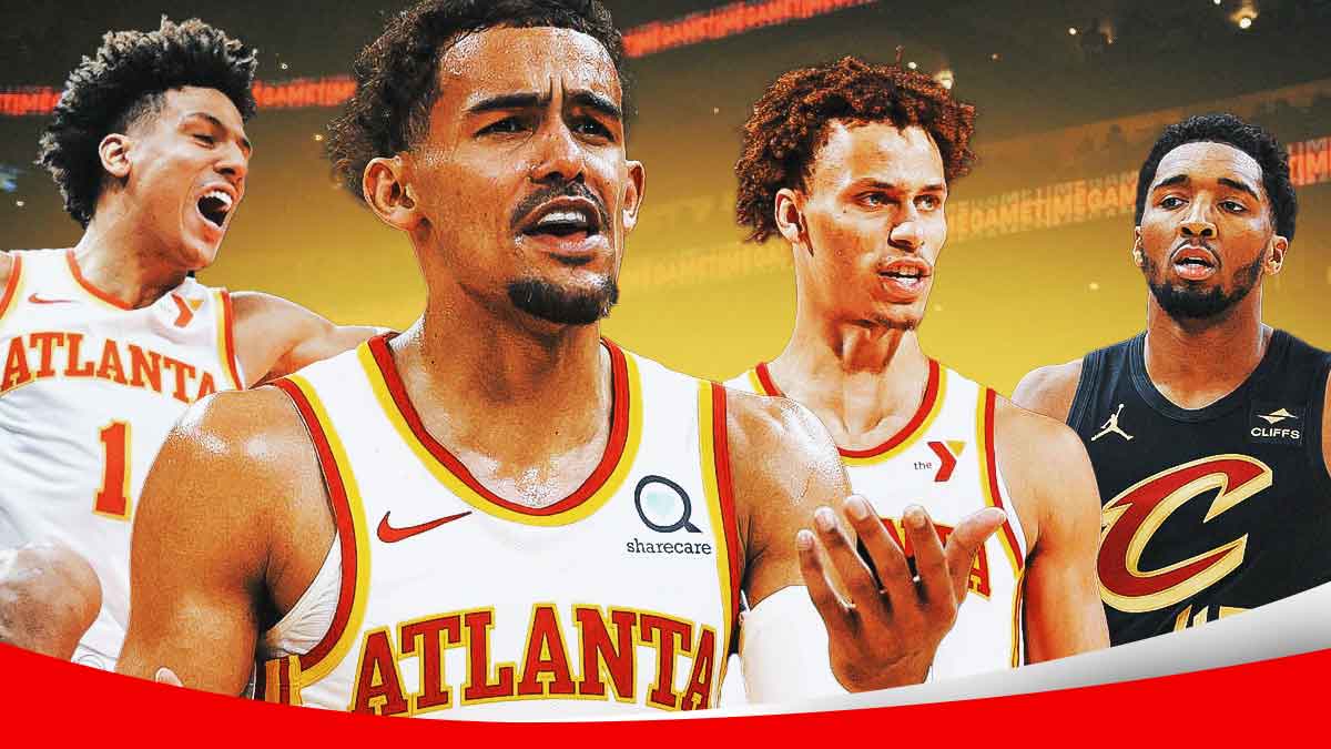 Hawks' Trae Young, Jalen Johnson, and Dyson Daniels all hyped up, with Cavs' Donovan Mitchell looking sad beside them