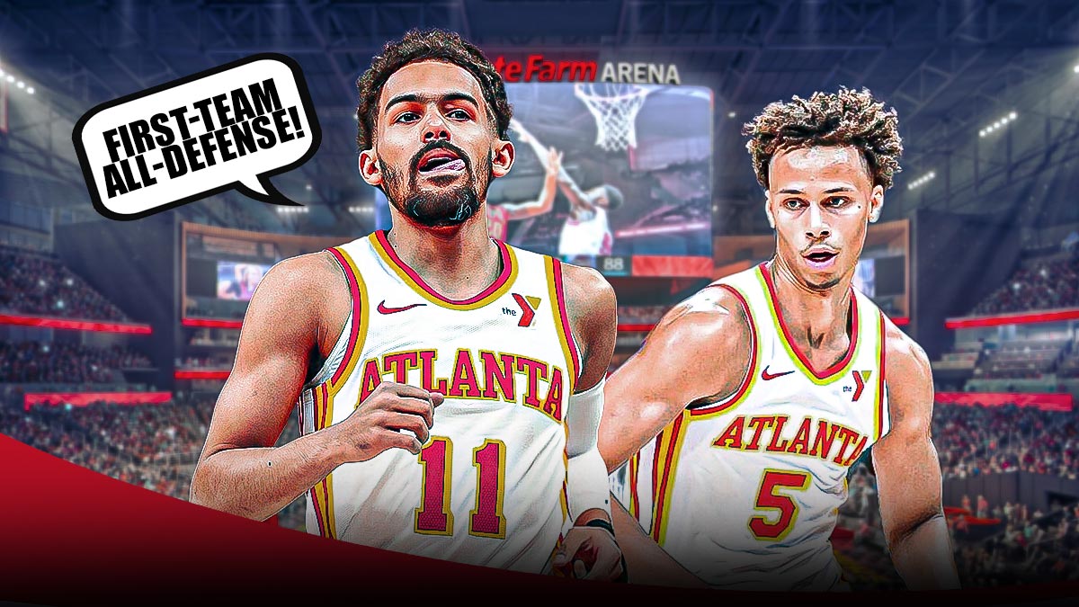 Trae Young with a text bubble that says "First-Team All-Defense!" and Dyson Daniels.