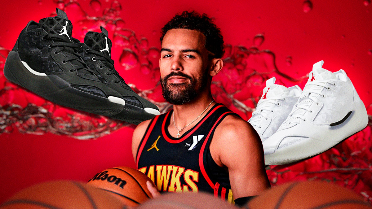 Trae Young with Jordan shoes surrounding the picture.