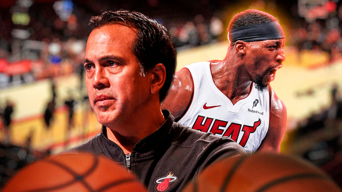 Miami Heat star Bam Adebayo and Erik Spoelstra in front of Kaseya Center.