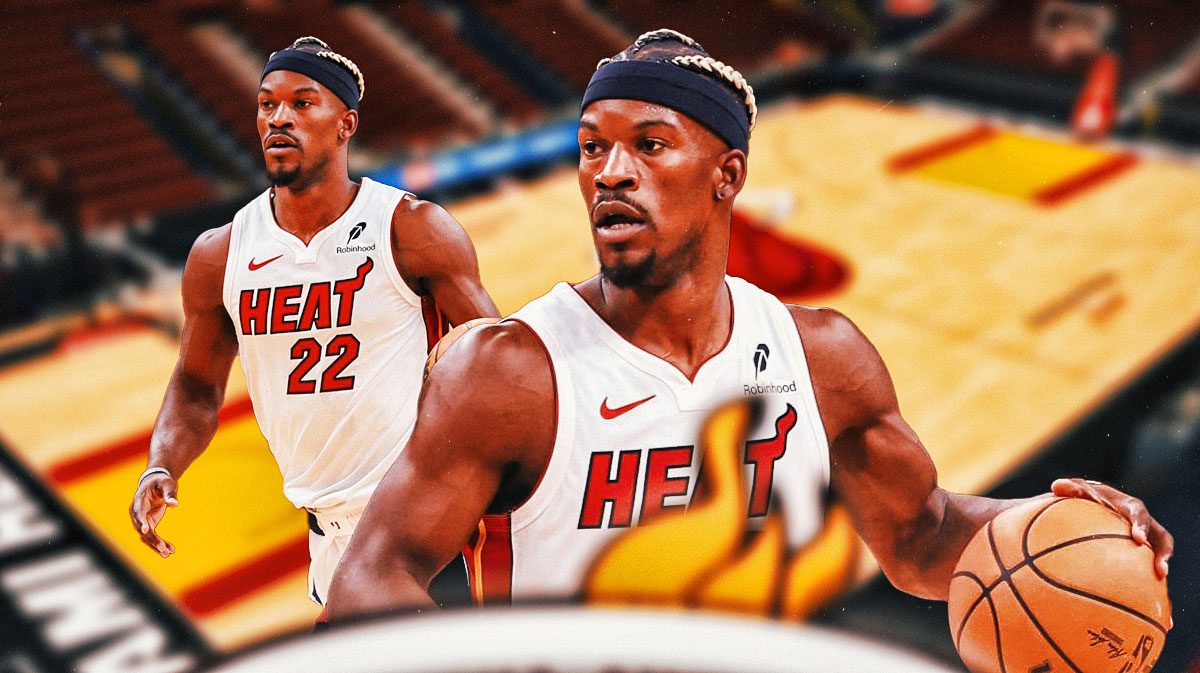 Miami Heat star Jimmy Butler in front of Kaseya Center.