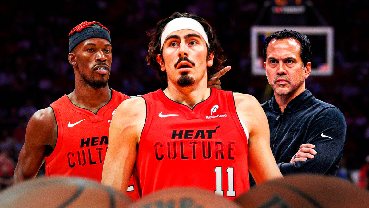 Miami Heat star Jaime Jaquez Jr. in the middle of Jimmy Butler and Erik Spoelstra in front of Kaseya Center.