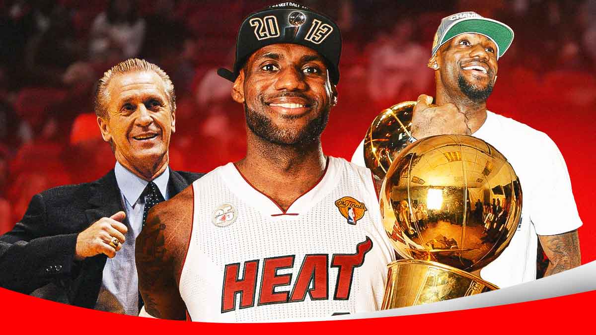 Heat's Pat Riley smiling at LeBron James holding the championship in 2012 and 2013