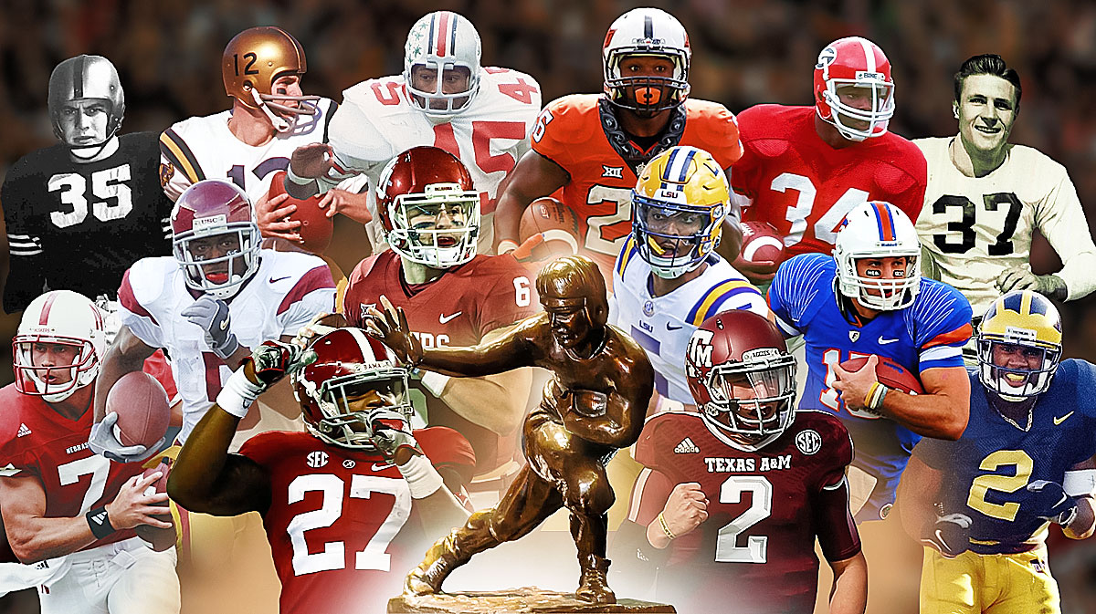 Jayden Daniels (LSU), Baker Mayfield (Oklahoma), Derrick Henry (Alabama), Johnny Manziel (Texas A&M), Tim Tebow (Florida), Reggie Bush (USC), Eric Crouch (Nebraska), Charles Woodson (Michigan), Barry Sanders (Oklahoma State), Herschel Walker (Georgia), Archie Griffin (Ohio State), Roger Staubach (Navy), Doak Walker (SMU), Doc Blanchard (Army) all together with the Heisman Trophy front and center