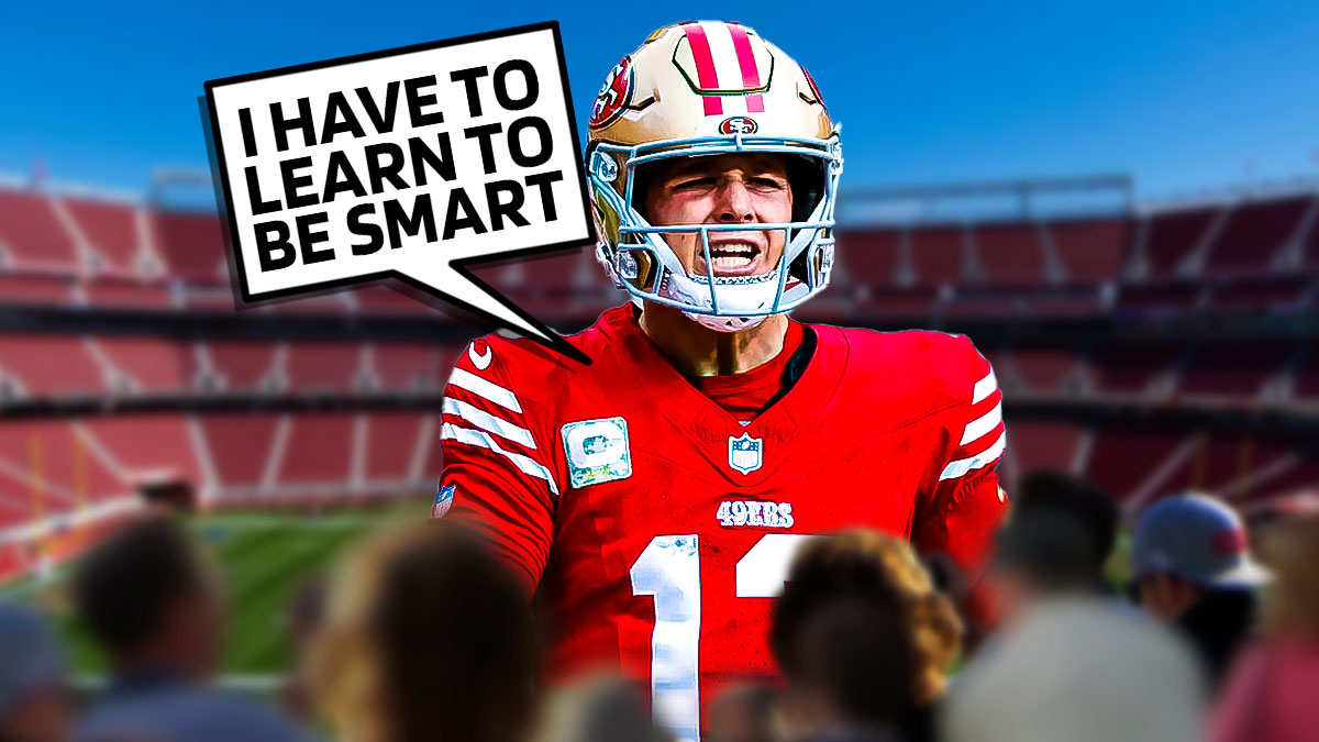 Brock Purdy with a text bubble reading "I have to learn to be smart" in front of the 49ers staidum