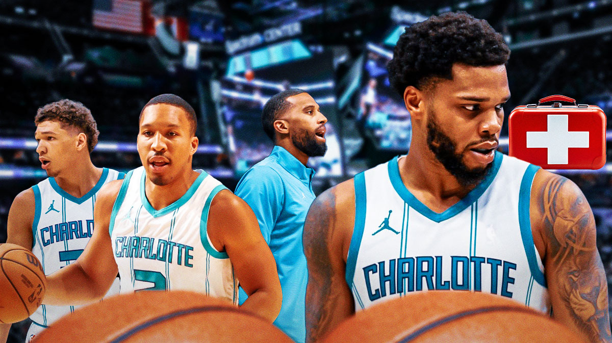 IMAGE: Hornets Miles Bridges on one side with first aid kit and Grant Williams, Tidjane Salaun, and Charles Lee on the other