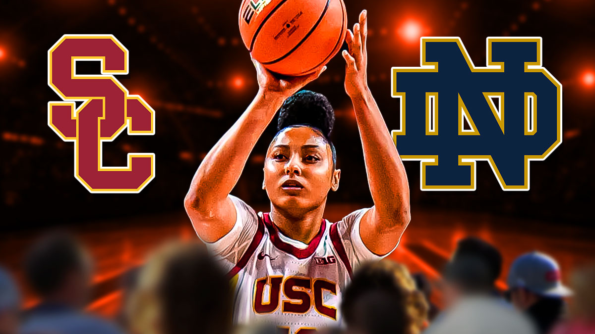 USC women's basketball JuJu Watkins shooting a basketball in front. USC and Notre Dame women's basketball 2024 logos in background.