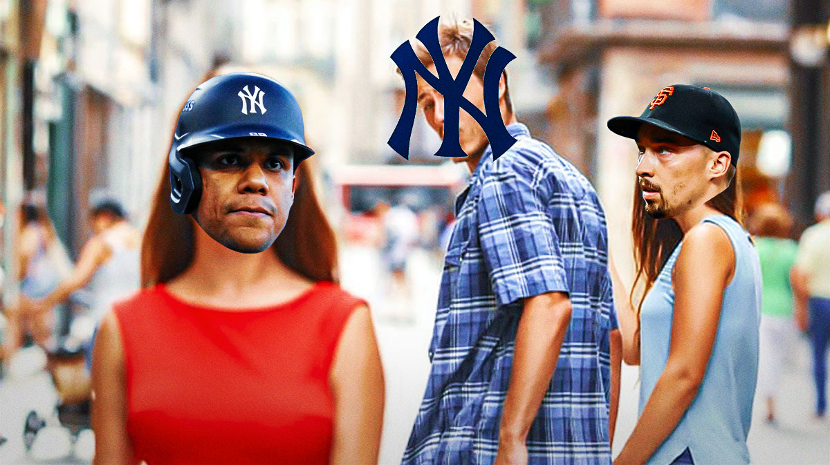 Yankees logo on the distracted boyfriend, Juan Soto as the woman in red lake Snell as the woman in blue
