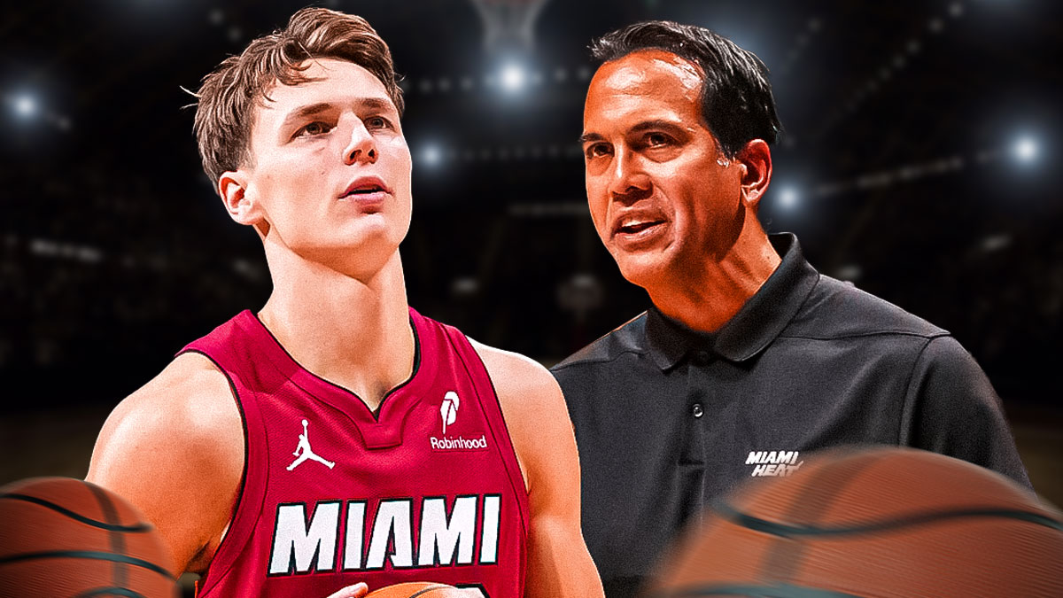 Miami Heat star Pelle Larsson and Erik Spoelstra in front of Kaseya Center.