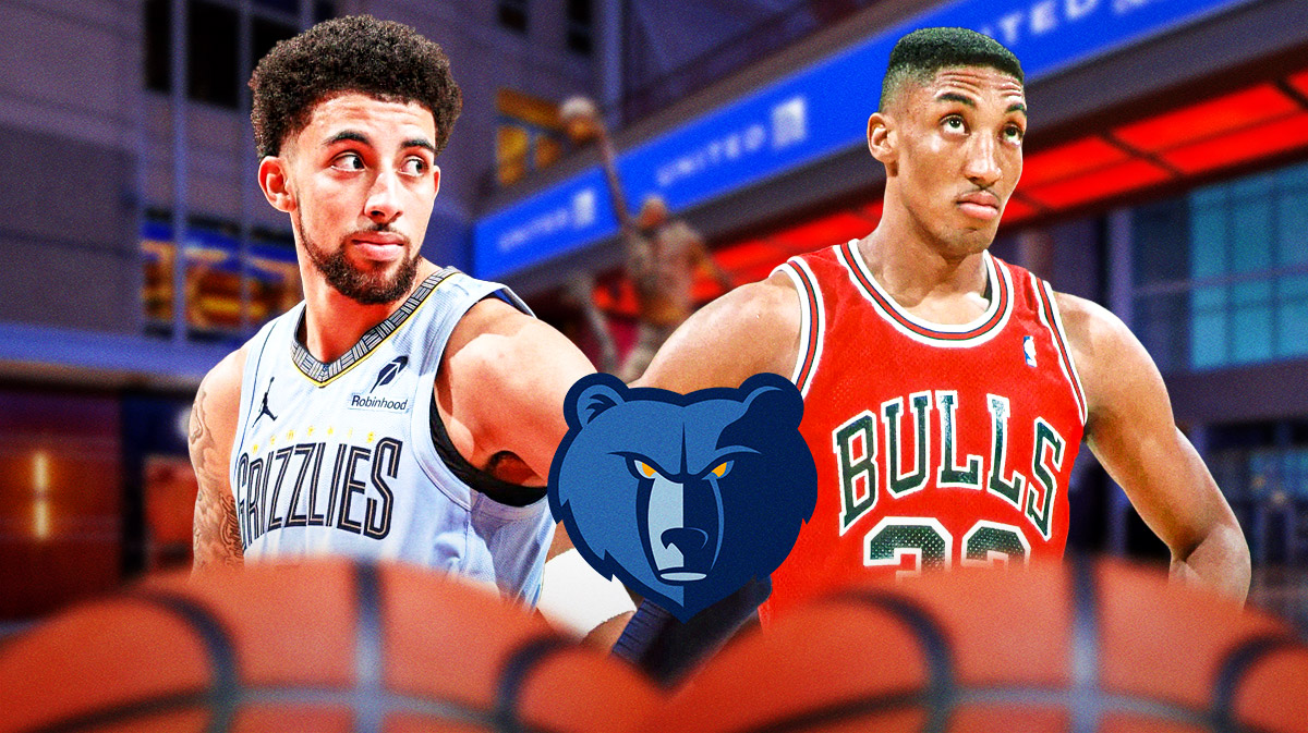 Scotty Pippen Jr. (Grizzlies), Scottie Pippen (Bulls), Grizzlies logo, Jordan Statue outside of the United Center as background