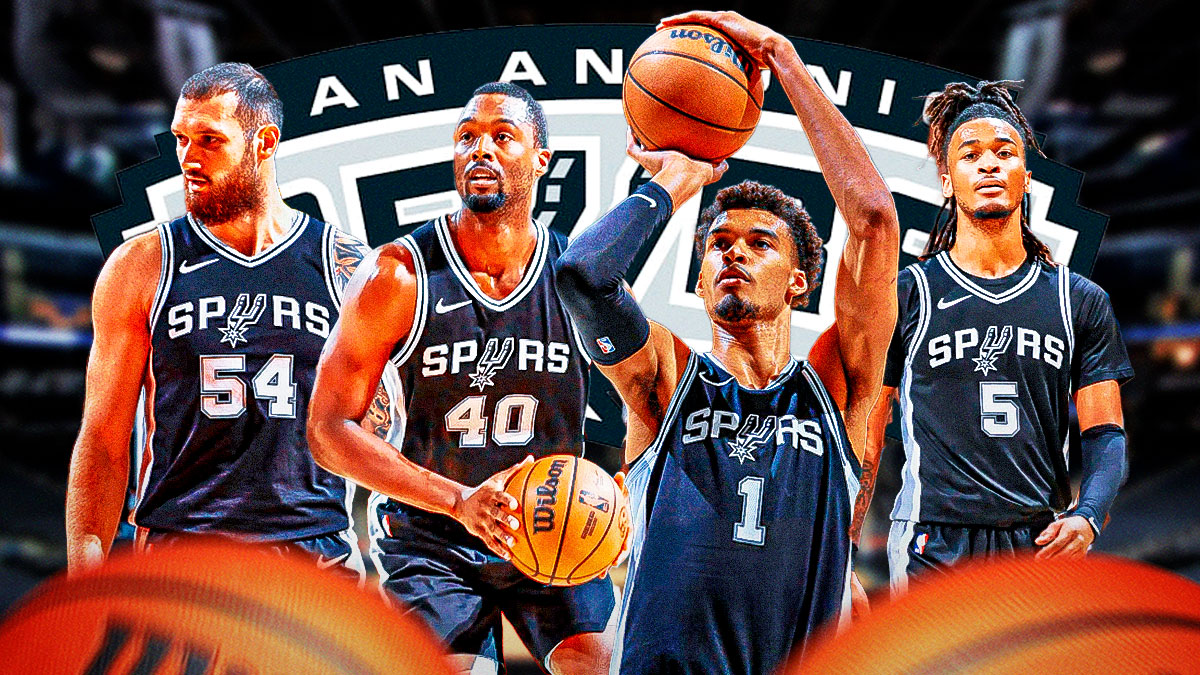 Victor Wembanyama shooting; Harrison Barnes, Stephon Castle, Sandro Mamukelashvilli images, Spurs logo
