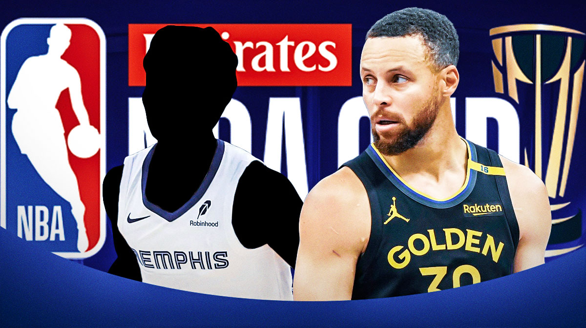 Steph Curry, silhouette of Grizzlies player, NBA Cup logo