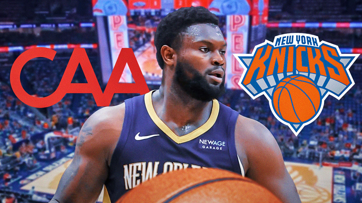 Zion Williamson Pelicans with a CAA creative artists agency logo on one side of him and a New York Knicks logo on the other side of him with Smoothie King Center court in the background