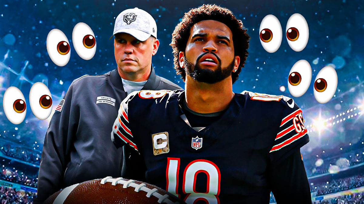 Chicago Bears QB Caleb Williams surrounded by eyes emojis (👀). His is next to former Bears coach Shane Waldron. There is also a logo for the Chicago Bears.