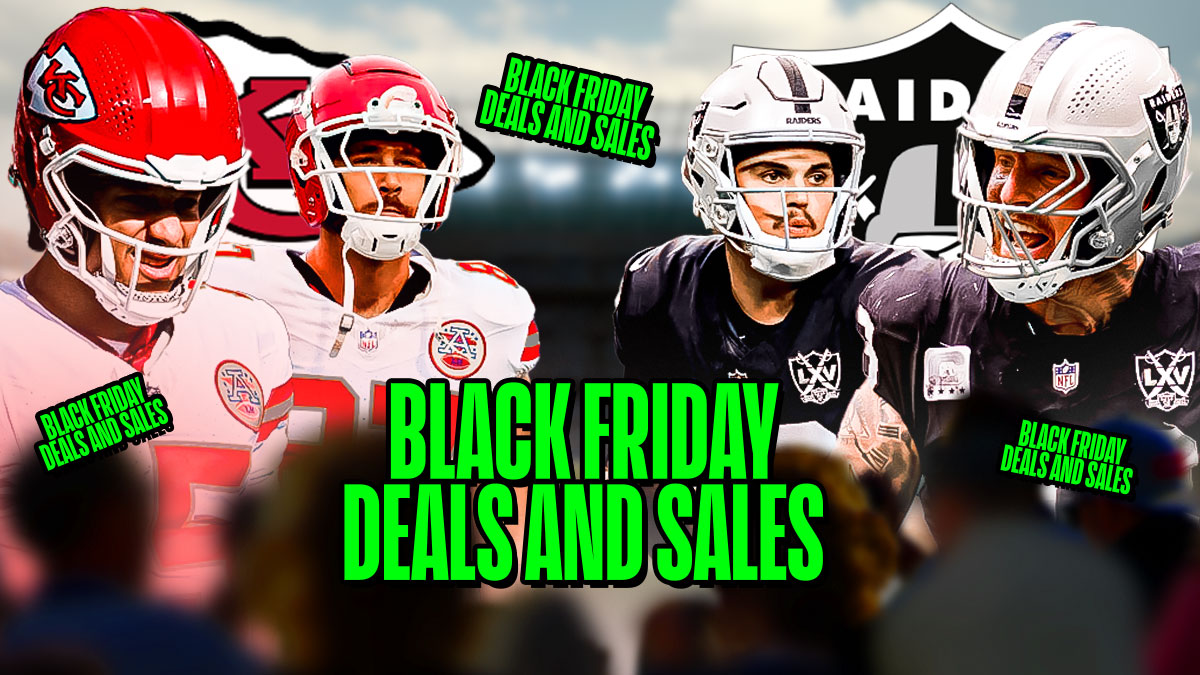 Patrick Mahomes, Travis Kelce, Chiefs logo on one side, Maxx Crosby, Aidan O'Connell, Raiders logo on the other side. "Black Friday deals and sales" signs all over the graphic.