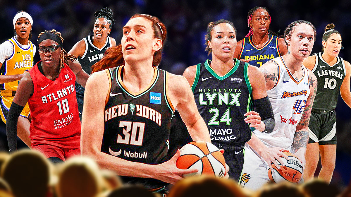 Breanna and Napheesa Collier front and center. Around them are Brittney Griner, Aliyah Boston, Rhyne Howard, Chelsea Gray, Rickea Jackson, and Kelsey Plum. "Unrivaled" League logo in the middle of the graphic.