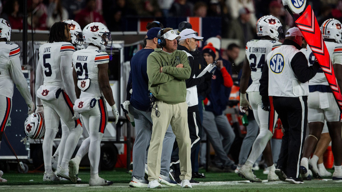 Auburn Tigers head coach Hugh Freeze watches on as Auburn Tigers take on Alabama Crimson Tide at Bryant-Denny Stadium in Tuscaloosa, Ala., on Saturday, Nov. 30, 2024. Alabama Crimson Tide defeated Auburn Tigers 28-14.