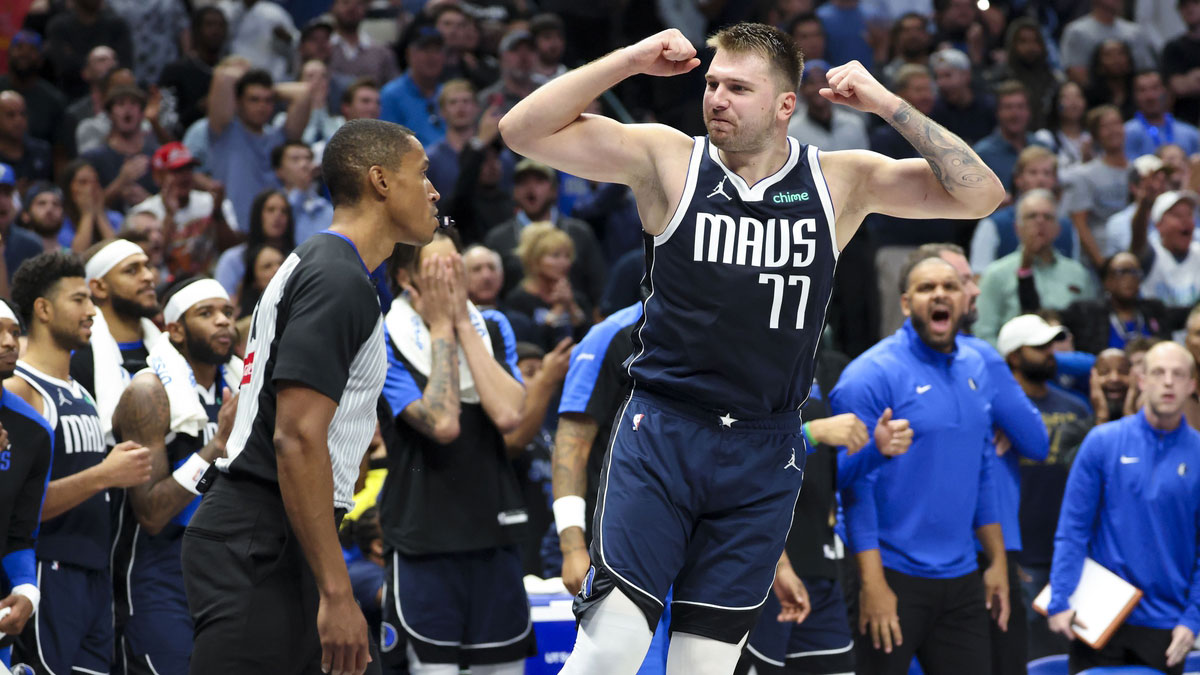 Mavericks guard Luka Doncic (77) reacts during the second half against the Houston Rockets at American Airlines Center