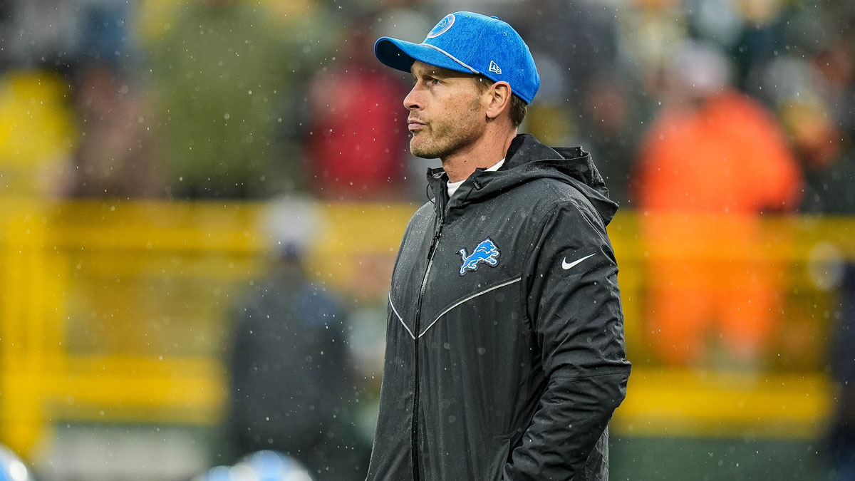 Detroit Lions offensive coordinator Ben Johnson watches warm-ups before the Green Bay Packers game at Lambeau Field in Green Bay, Wisconsin on Sunday, November 3, 2024.