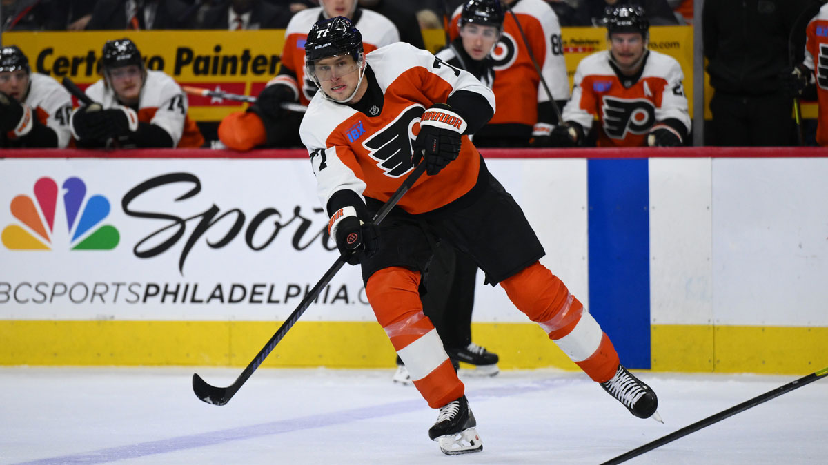 Philadelphia Flyers defenseman Erik Johnson (77) passes the puck against the Boston Bruins in the second period at Wells Fargo Center. NHL Power Rankings