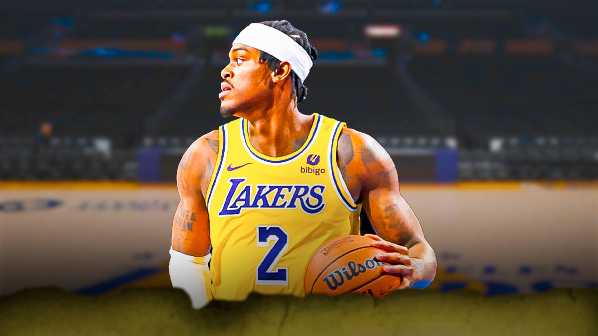 LA Lakers player Jarred Vanderbilt with the LA Lakers arena in the background, injury