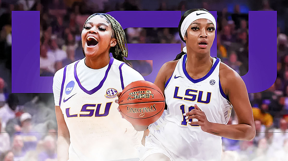 High school basketball player ZaKiyah Johnson in a LSU women’s basketball jersey alongside Angel Reese. Have Angel Reese in her old college jersey from LSU. Have the LSU Tigers logo in the background, commitment recruit