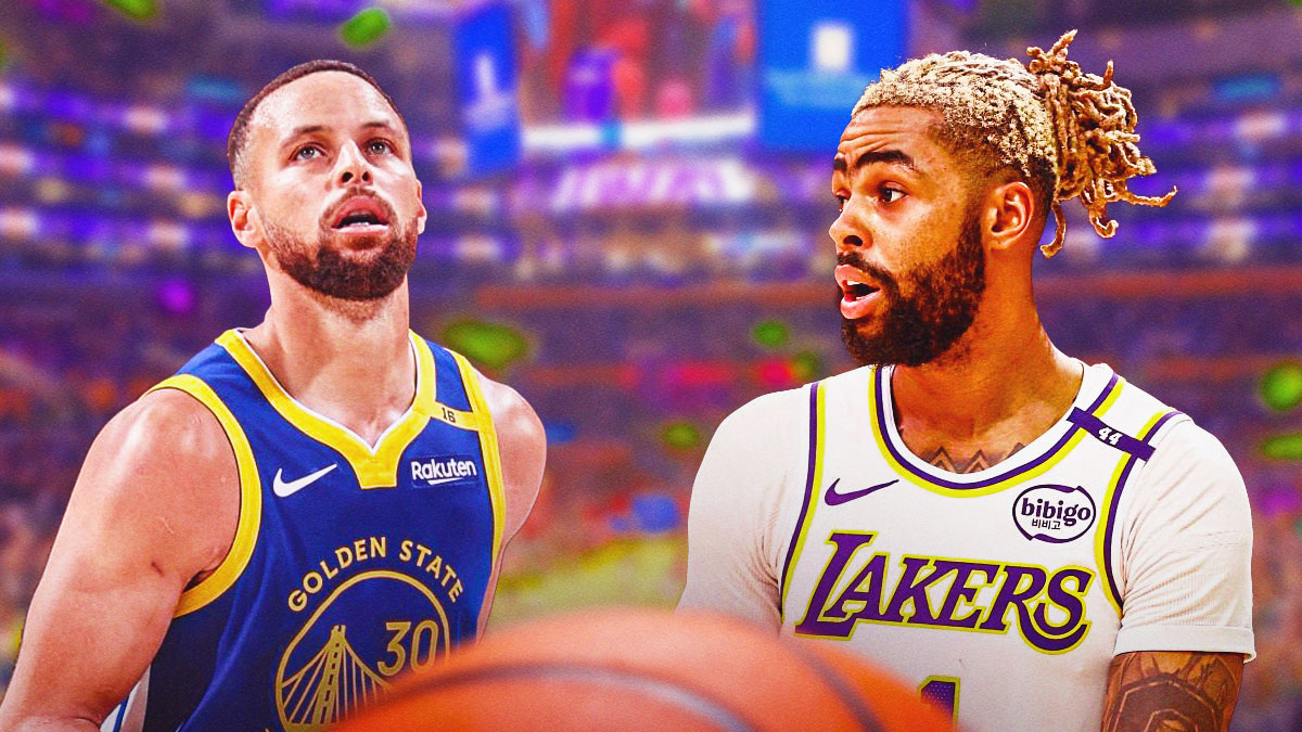 LA Lakers player D’Angelo Russell with the Lakers arena in the background. Have Golden State Warriors player Stephen Curry alongside him. Leadership