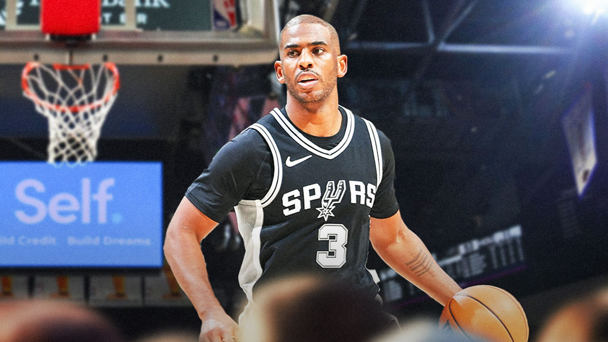 San Antonio Spurs player Chris Paul with the Spurs arena in the background, assist record