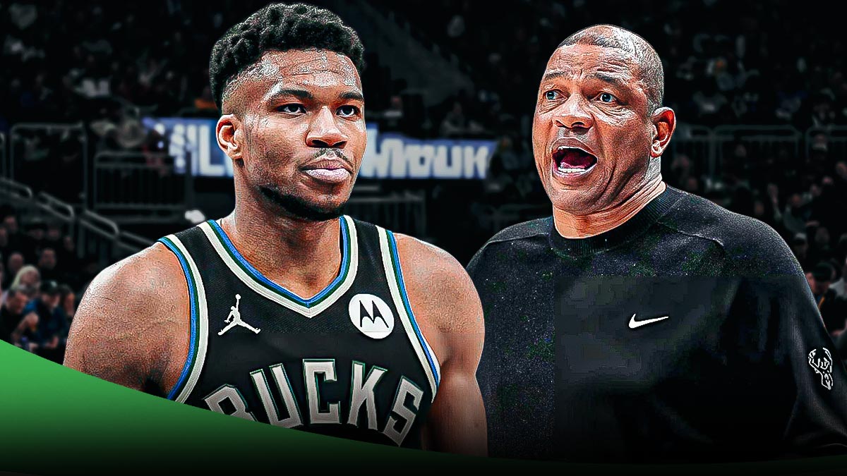Milwaukee Bucks player Giannis Antetokounmpo alongside Bucks coach Doc Rivers. Have the Bucks arena in the background, refs Hornets