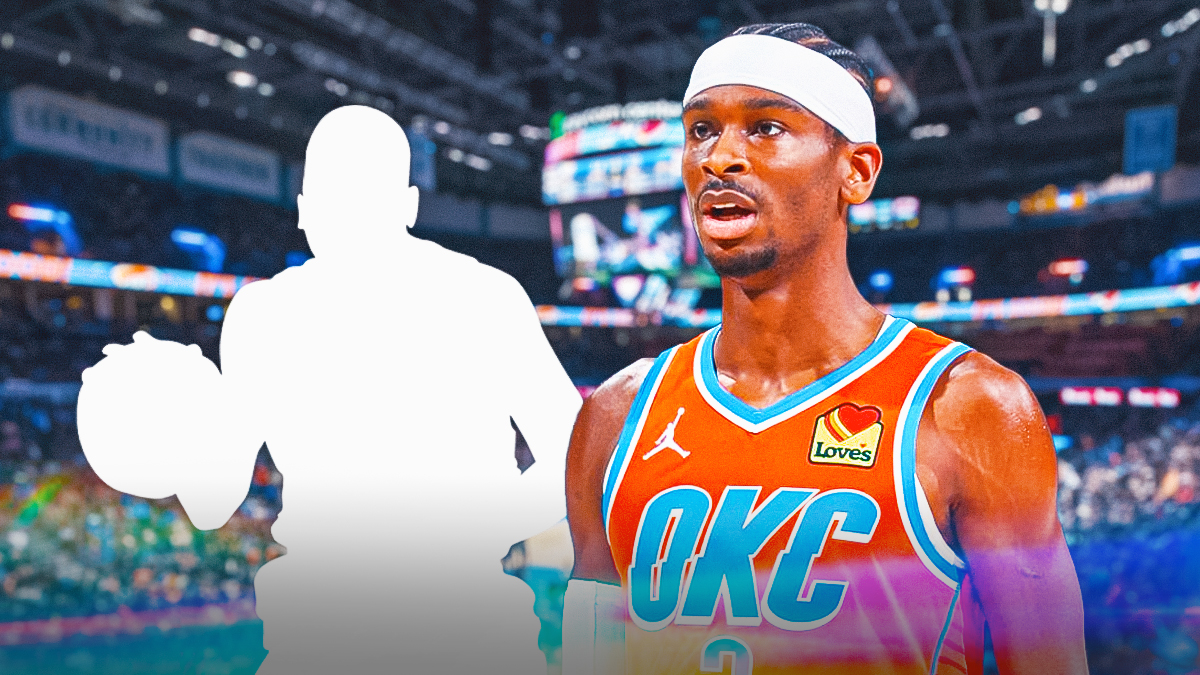 A shadowy player in an Oklahoma City Thunder jersey. Have Shai Gilgeous-Alexander alongside him. Have the Thunder arena in the background, roster move injury