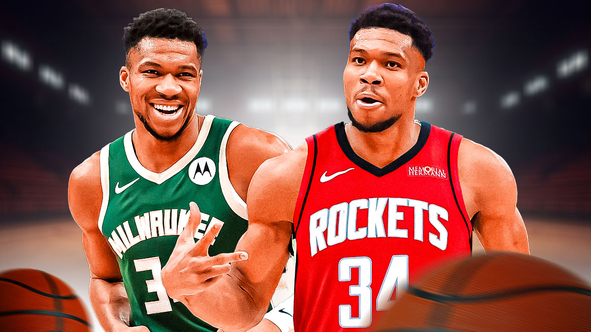 A double image of NBA player Giannis Antetokounmpo. One of him in his Milwaukee Bucks jersey and the other of him in a Houston Rockets jersey, trade