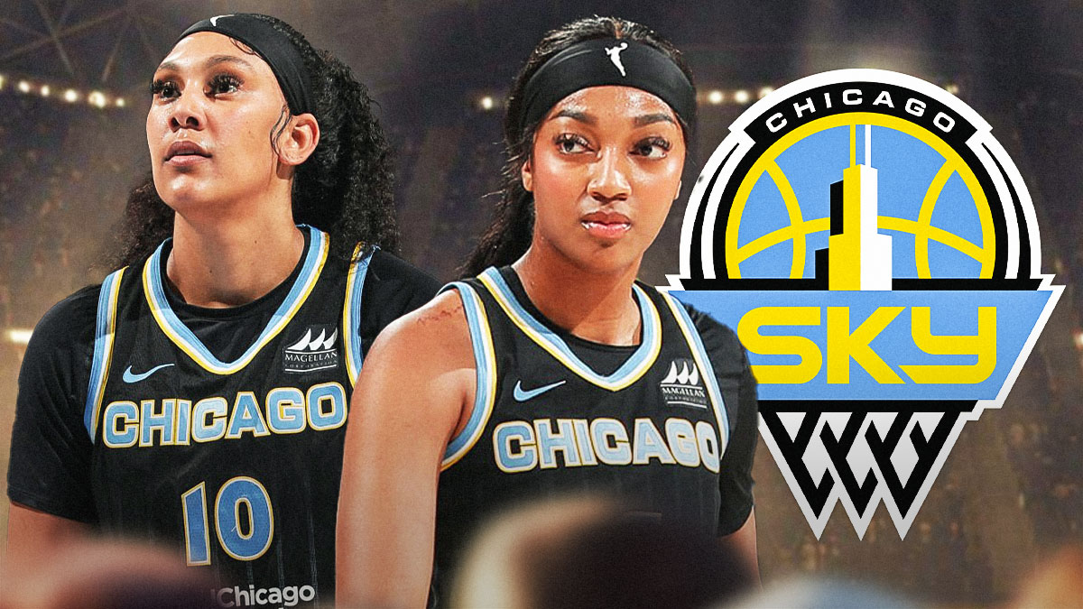 Chicago Sky players Angel Reese and Kamilla Cardoso with the Chicago Sky logo in the background, WNBA Draft pick