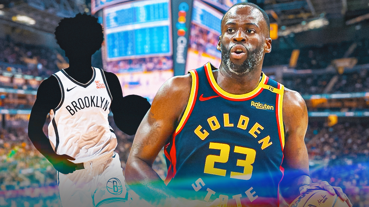 Golden State Warriors player Draymond Green alongside a shadowy player in a Brooklyn Nets jersey. Have the Warriors arena in the background
